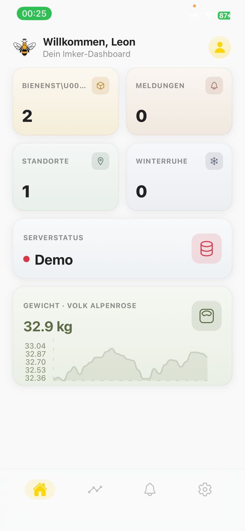 Screenshot der BeeTronic-App: Übersicht aller Bienenstände