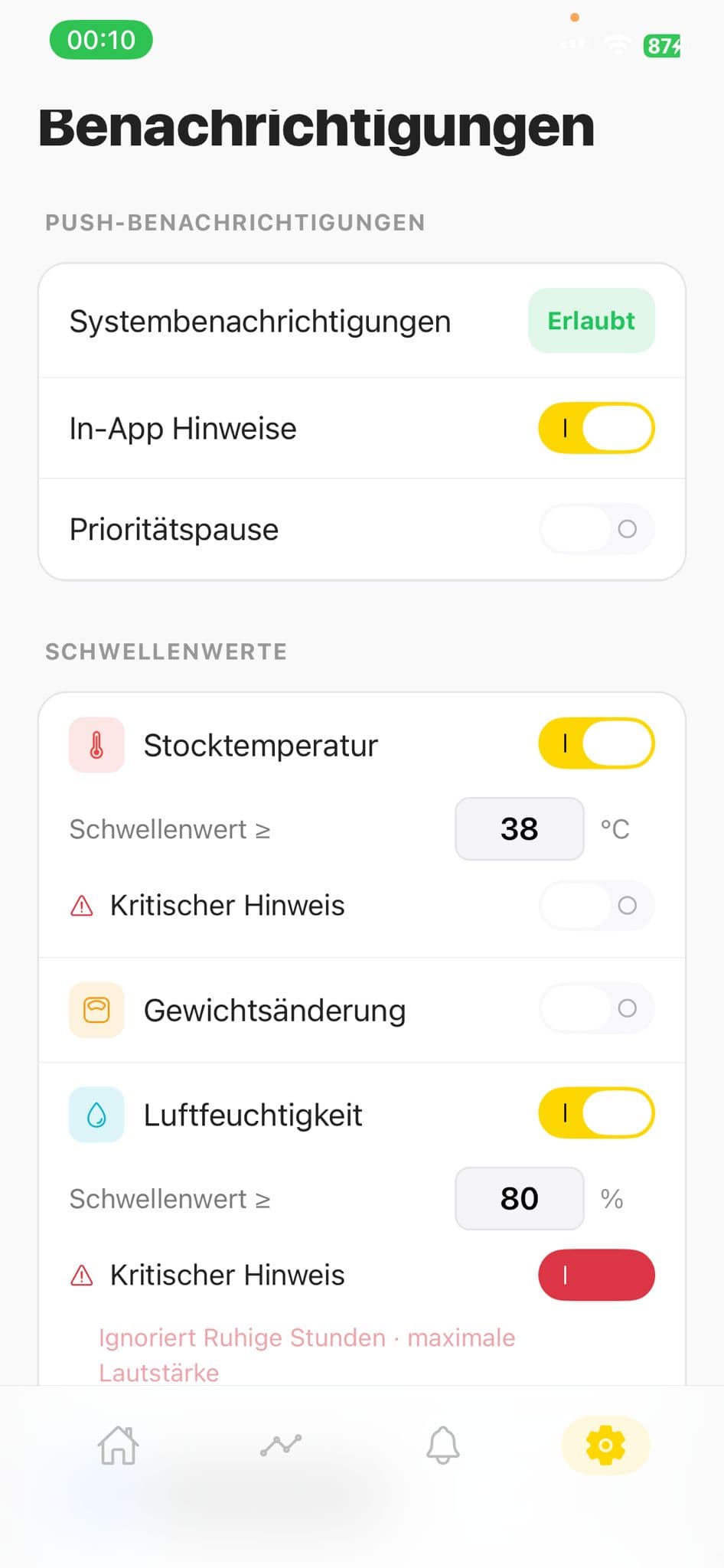 Screenshot der BeeTronic-App: Benachrichtigungen und Warnungen